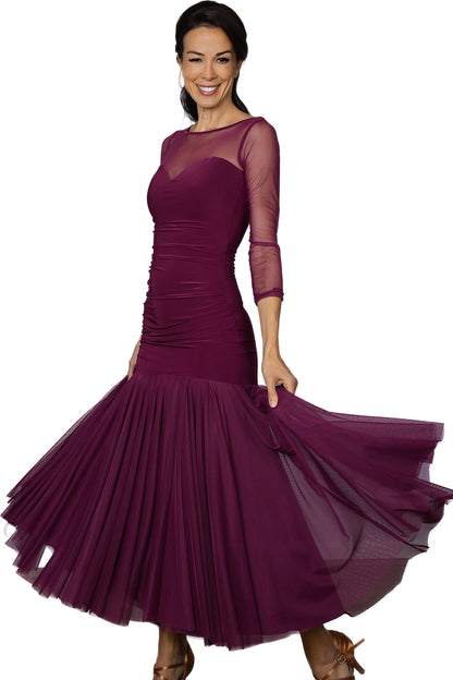 Wine colored ballroom practice dress with circles of mesh in skirt