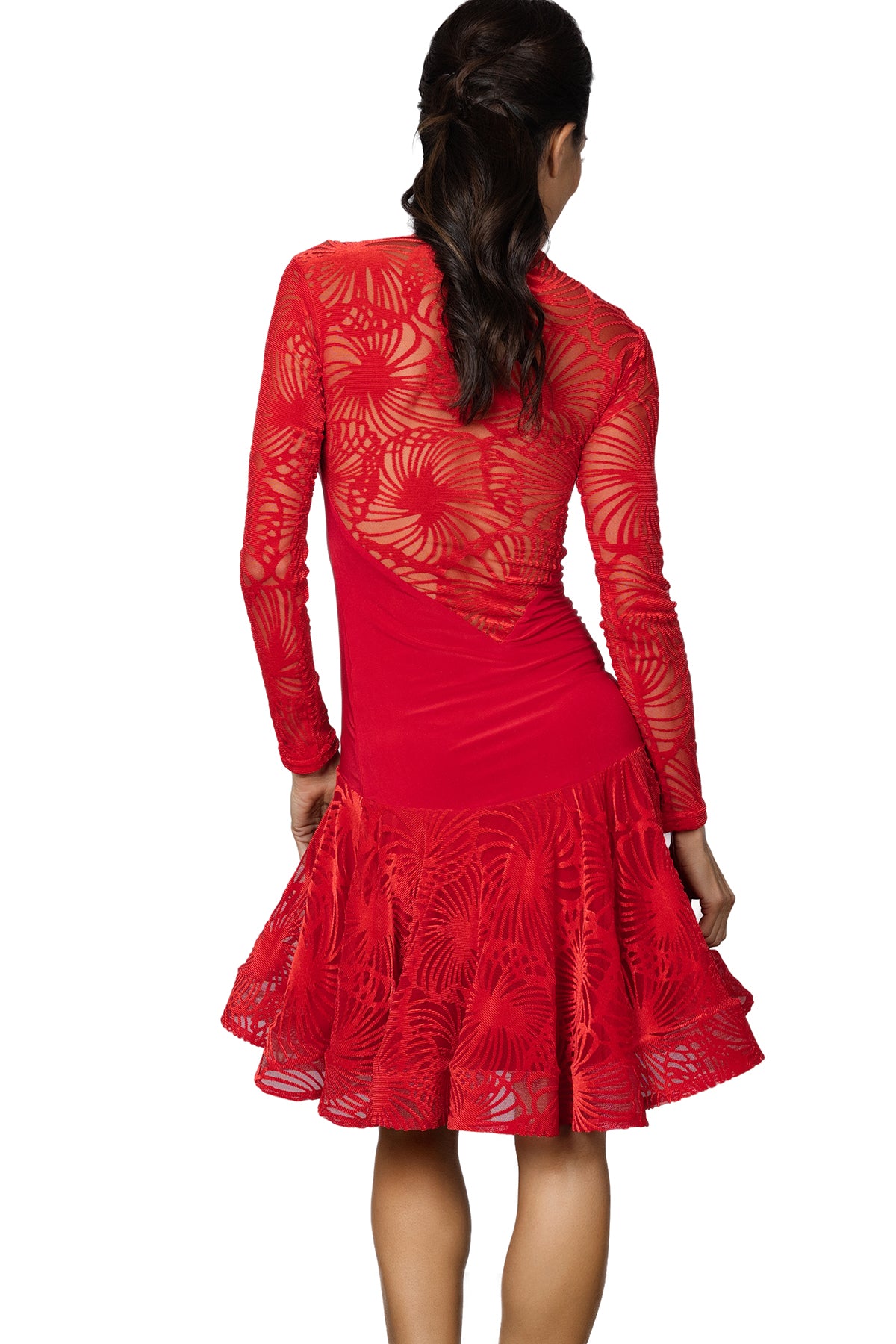 Women's red Latin velvet dress with full skirt and crinoline hem