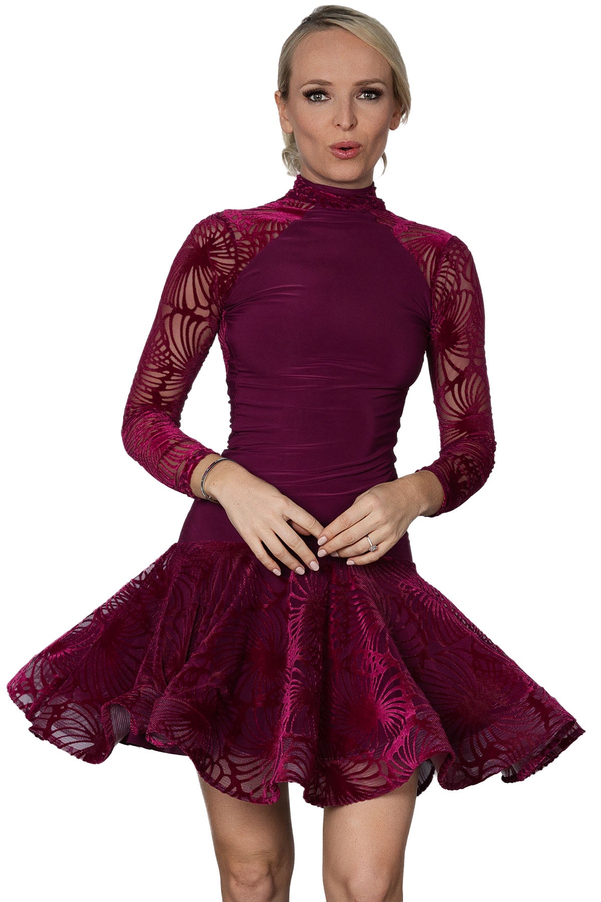 Full skirt and long sleeves on women's Latin dance dress