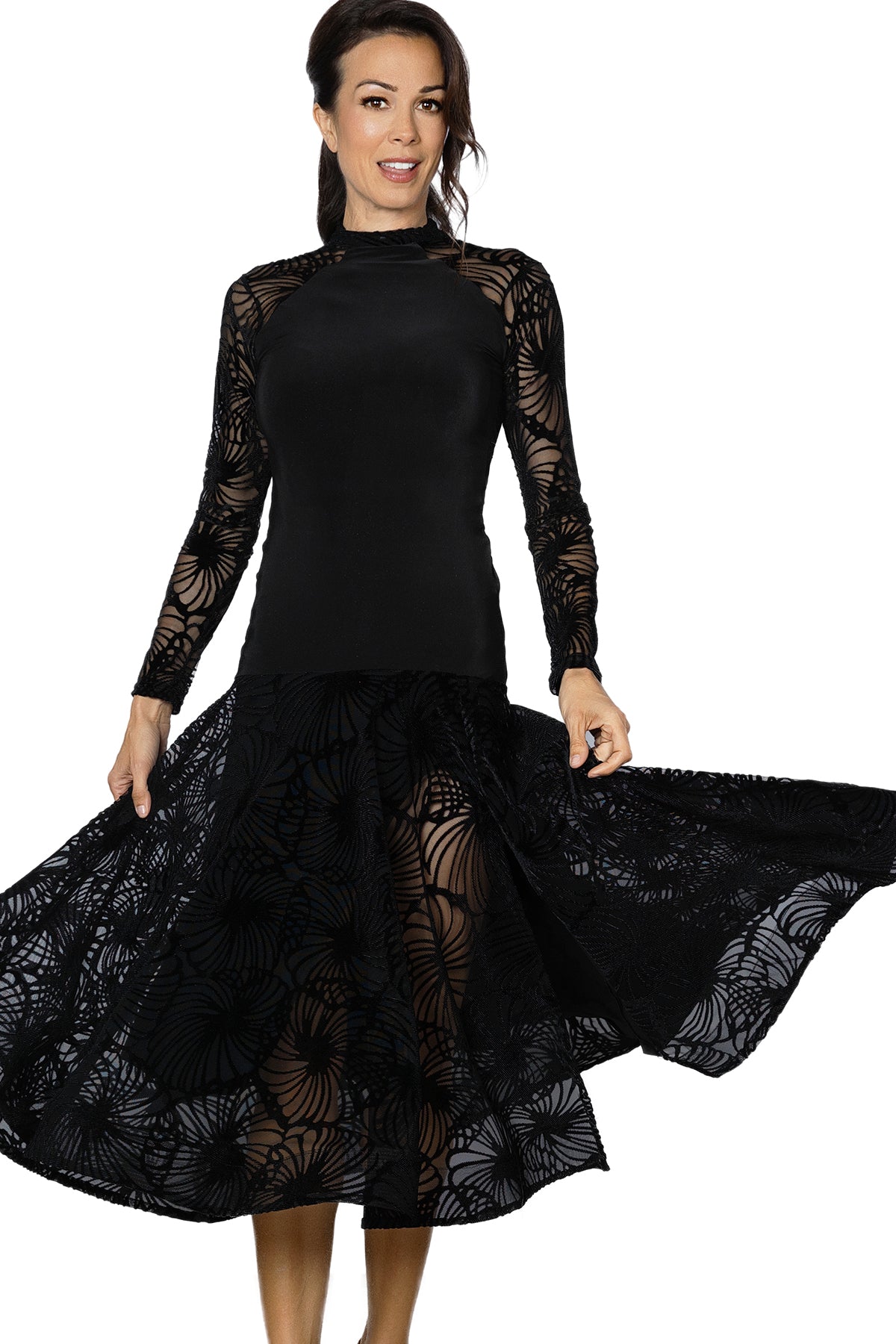 Black velvet burnout ballroom dress for women