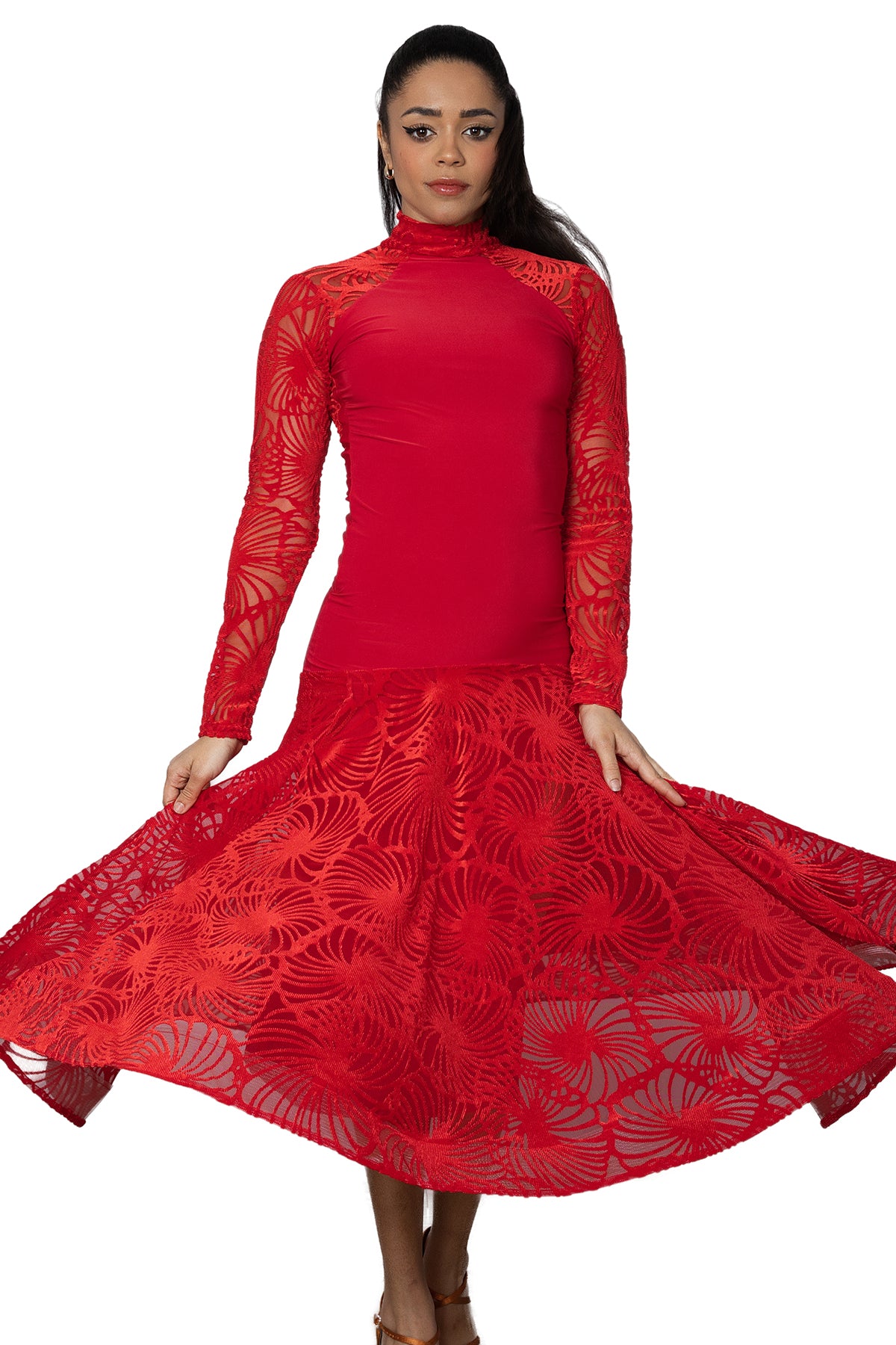 Red velvet ballroom dress for ladies with long sleeves