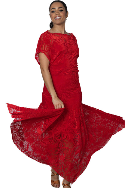 Red ballroom dress made of velvet with square cut skirt