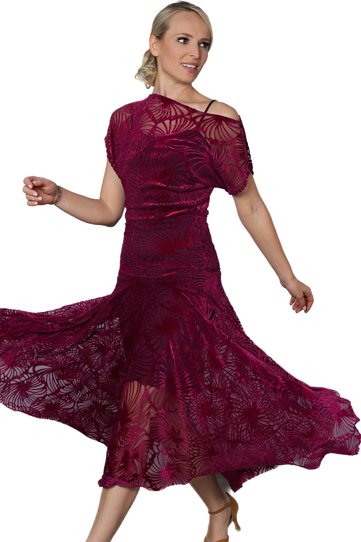 Women's wine colored ballroom burnout velvet dancing dress