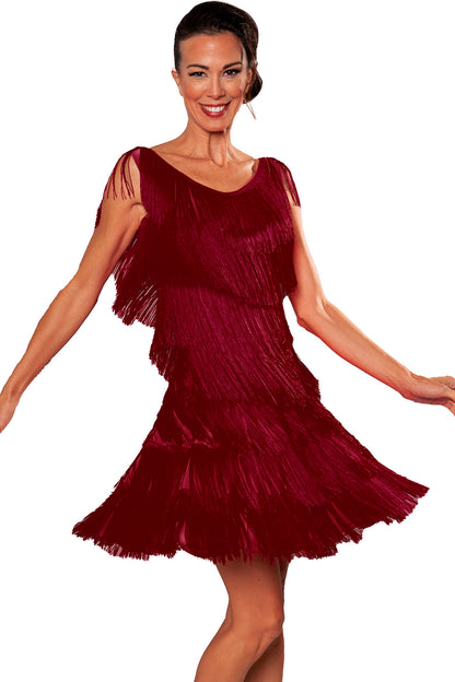 Wine colored layers of fringe Latin dancing dress for women