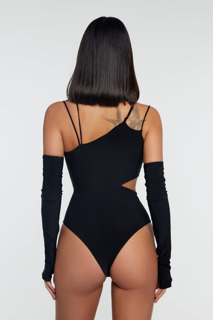 Danza Lakshmi Black Bodysuit Practice Top with Cut Out Details and Built-In Gloves PRA 1160 in Stock