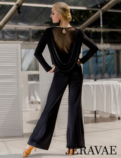 Body Positive Senga Dancewear FORRO Black Long Sleeve V-Neck Jumpsuit with Wide Leg Pants, Mesh Back, and Sash US Sizes 8-18 PRA 992 in Stock