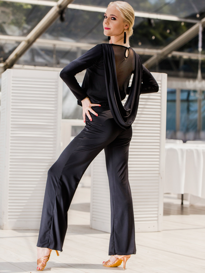 Body Positive Senga Dancewear FORRO Black Long Sleeve V-Neck Jumpsuit with Wide Leg Pants, Mesh Back, and Sash US Sizes 8-18 PRA 992 in Stock