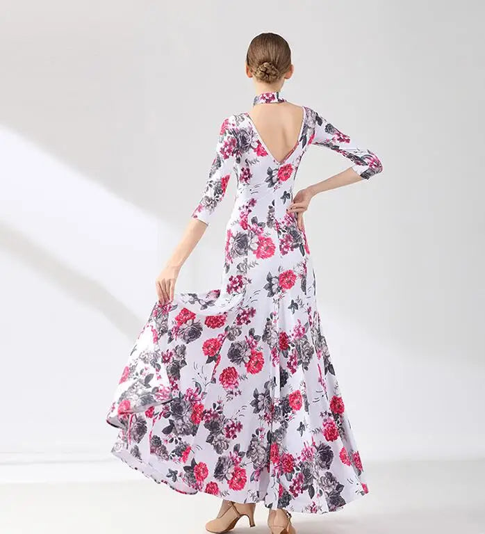 White Floral Ballroom Practice Dress with Half Length Sleeves PRA 954_sale