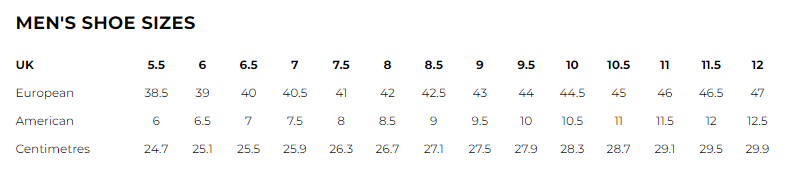 IDS Mens Shoe Size Chart