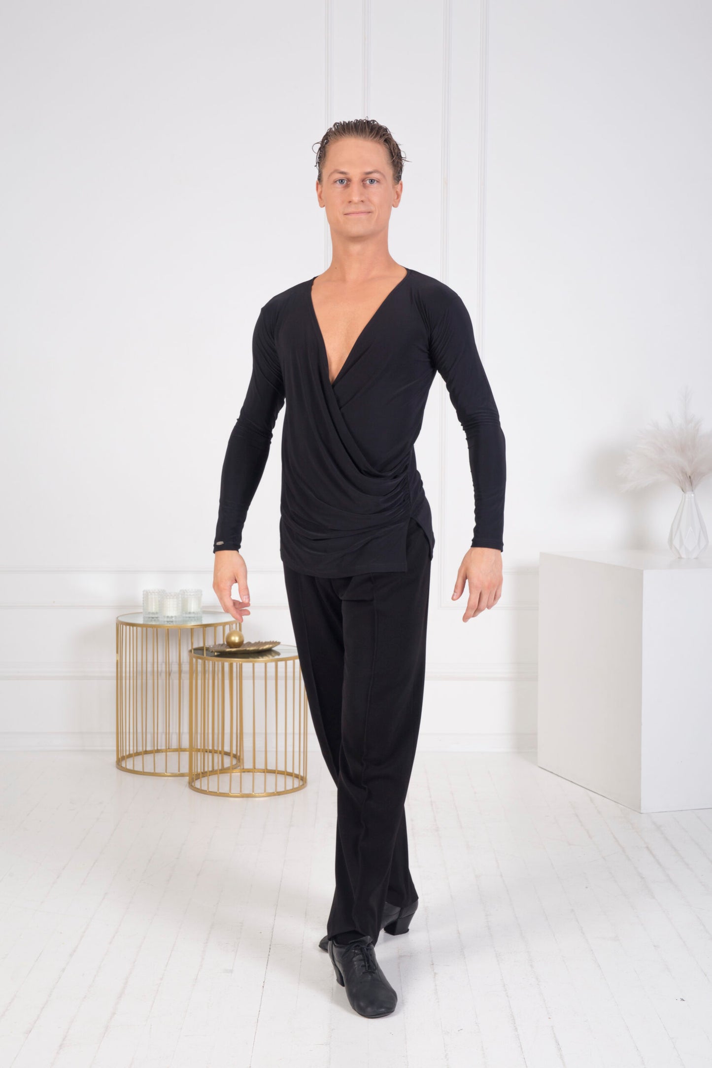 Senga Dancewear SASER Men's Black Long Sleeve Latin Shirt with Deep Neckline and Loose Front M099