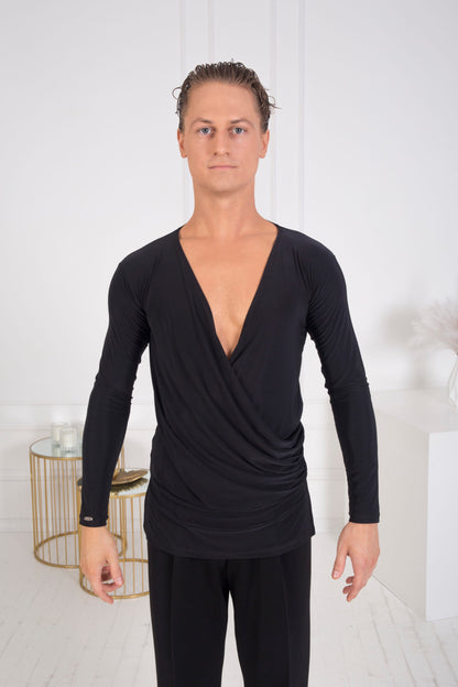 Senga Dancewear SASER Men's Black Long Sleeve Latin Shirt with Deep Neckline and Loose Front M099