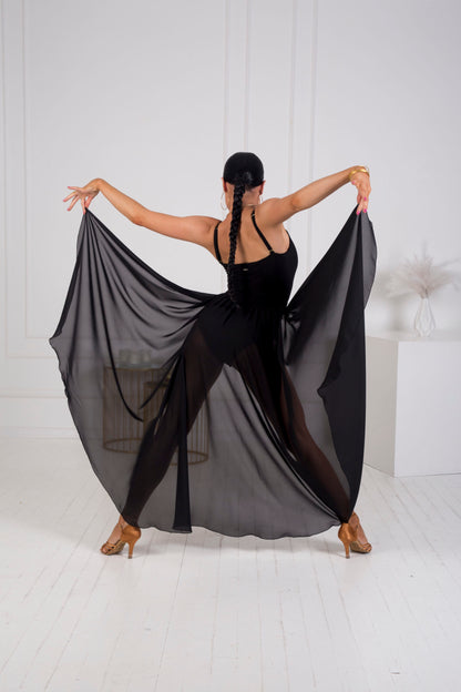 Senga Dancewear ISADORA Long Black Chiffon Latin Flamenco Practice Skirt with Open Front PRA 1139