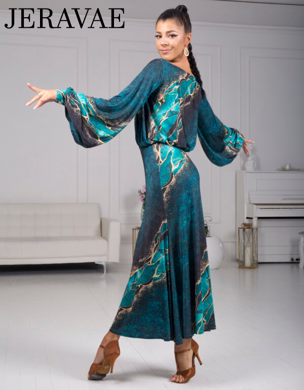 Body Positive Senga Dancewear TRIBAL Turquoise and Gold Pattern Ballroom Practice Dress with Lantern Sleeves and Elastic Waistline in US Sizes 8-18 PRA 968 in Stock