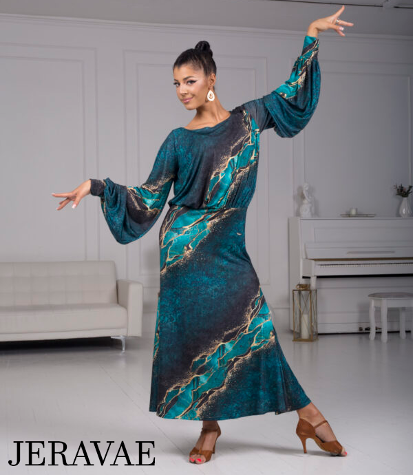 Body Positive Senga Dancewear TRIBAL Turquoise and Gold Pattern Ballroom Practice Dress with Lantern Sleeves and Elastic Waistline in US Sizes 8-18 PRA 968 in Stock