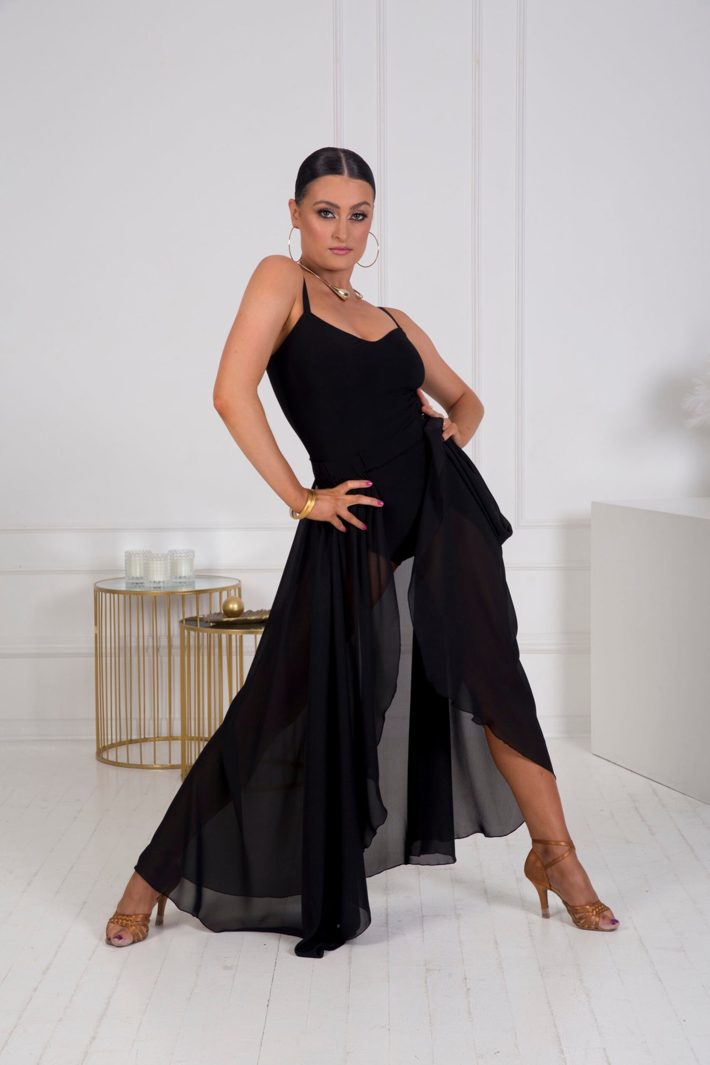 Senga Dancewear ISADORA Long Black Chiffon Latin Flamenco Practice Skirt with Open Front PRA 1139