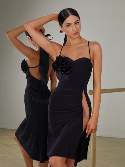 Black Latin dance dress with sweetheart neckline and slit