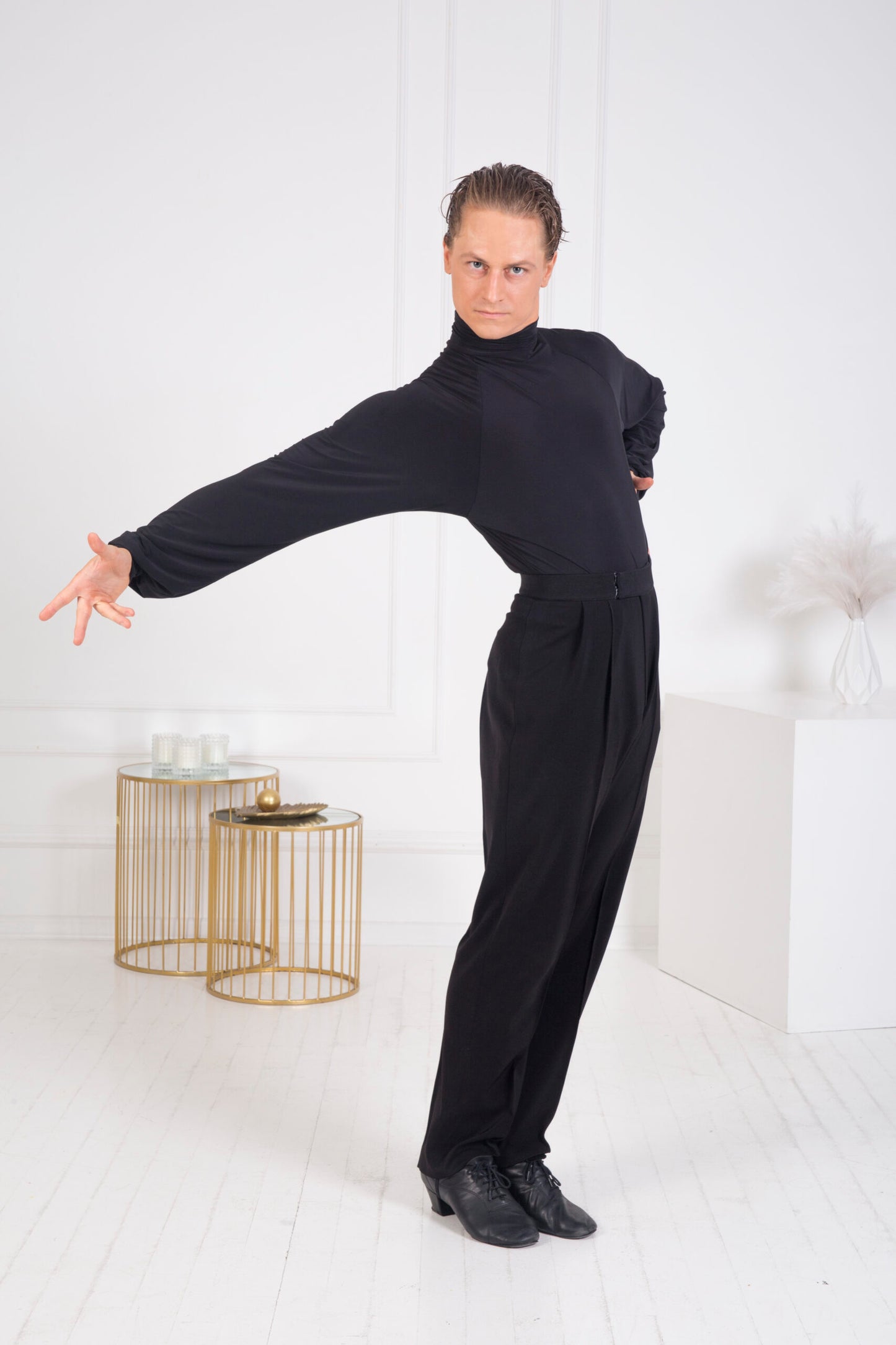 Senga Dancewear SKILL Men's Black Latin Bodysuit Turtleneck Top with Long Loose Sleeves and Cuffs M100