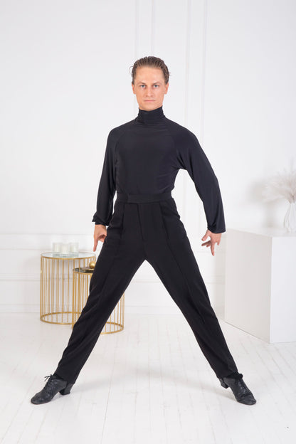 Senga Dancewear SKILL Men's Black Latin Bodysuit Turtleneck Top with Long Loose Sleeves and Cuffs M100