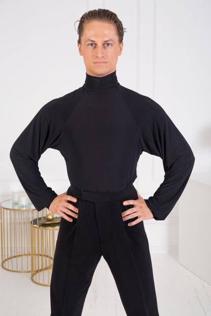 Senga Dancewear SKILL Men's Black Latin Bodysuit Turtleneck Top with Long Loose Sleeves and Cuffs M100