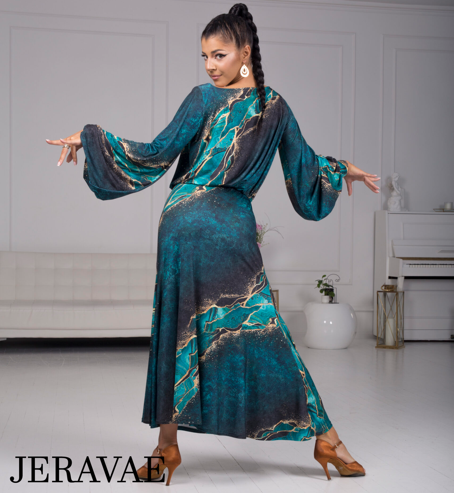 Body Positive Senga Dancewear TRIBAL Turquoise and Gold Pattern Ballroom Practice Dress with Lantern Sleeves and Elastic Waistline in US Sizes 8-18 PRA 968 in Stock