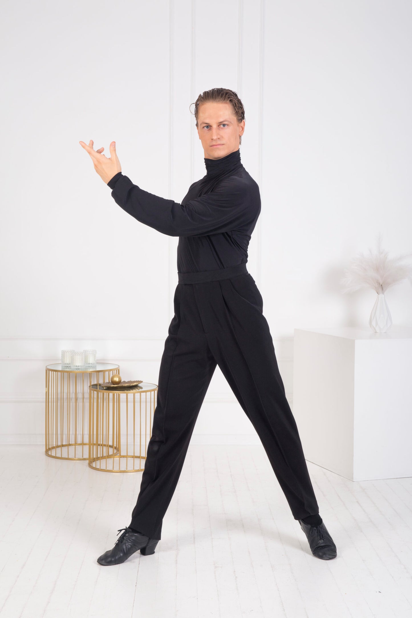 Senga Dancewear SKILL Men's Black Latin Bodysuit Turtleneck Top with Long Loose Sleeves and Cuffs M100