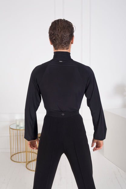 Senga Dancewear SKILL Men's Black Latin Bodysuit Turtleneck Top with Long Loose Sleeves and Cuffs M100