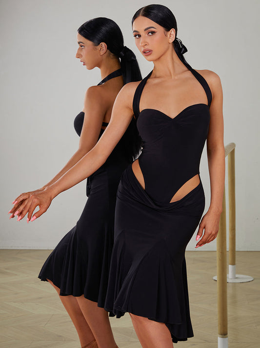 ZYM Dance Style Moonlit Verse Dress #2405 Black Halter Latin Practice Dance Dress with Sweetheart Neckline, Hip Cutouts, and Pleated Skirt PRA 1111 in Stock