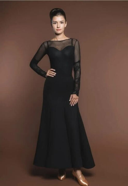 Black Mesh Ballroom Dance Leotard with Sweet Heart Neck and Lace Detailed Sleeves Pra 1270