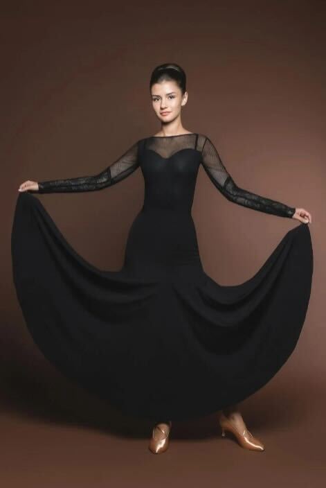 Black Mesh Ballroom Dance Leotard with Sweet Heart Neck and Lace Detailed Sleeves Pra 1270