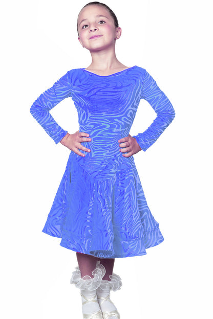 Blue velvet Latin dance dress for girls with long sleeves