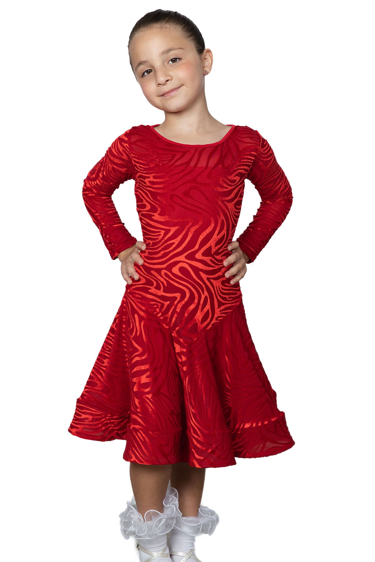 Girls Velvet Latin Dance Dress with Long Sleeves and Keyhole Back