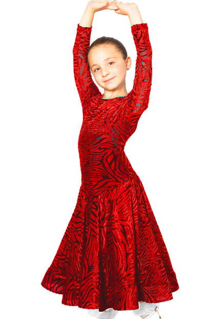 Red velvet ballroom dance dress for girls