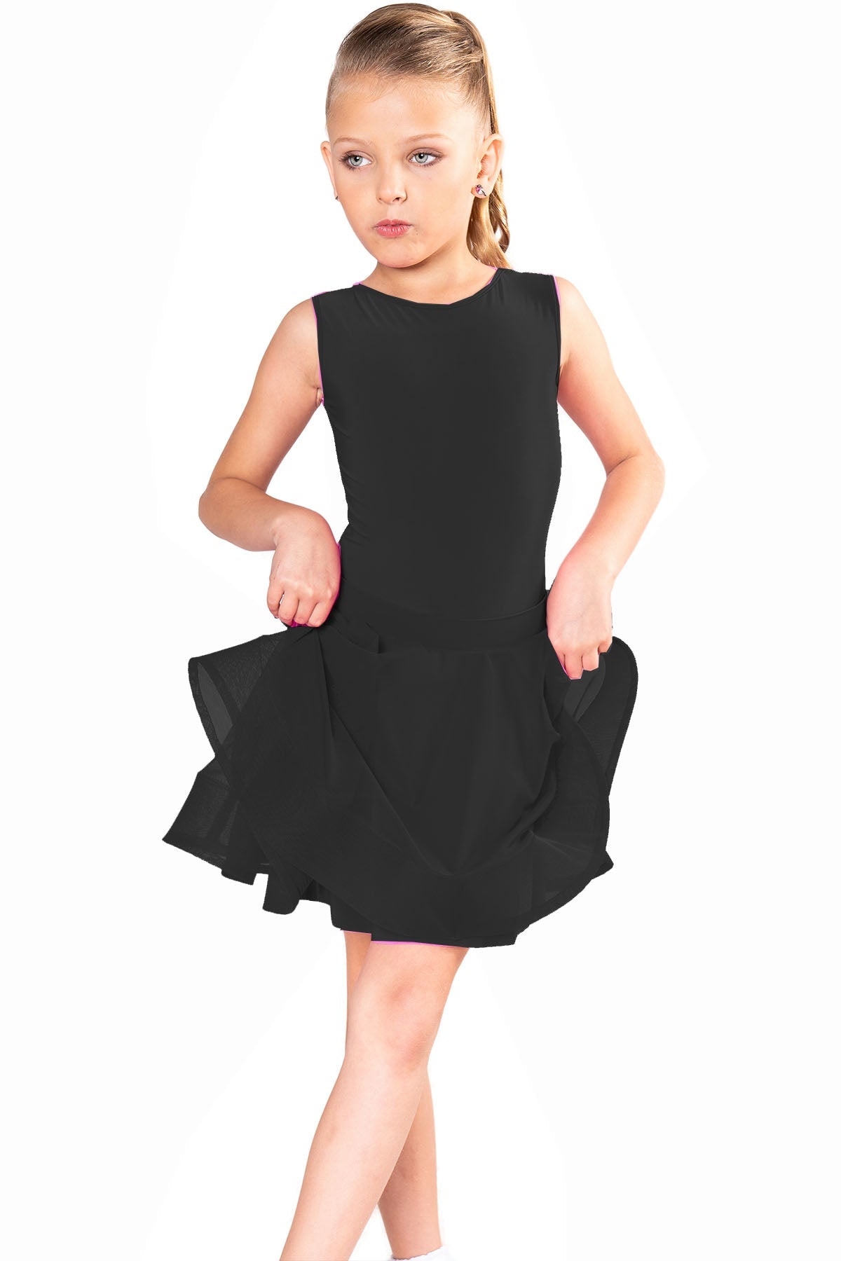 Black Latin dance mesh skirt and bodysuit for young dancers