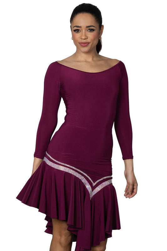 Women's wine colored diagonal striped rhinestone Latin dance skirt