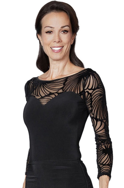 Black velvet bodysuit top for ballroom dance