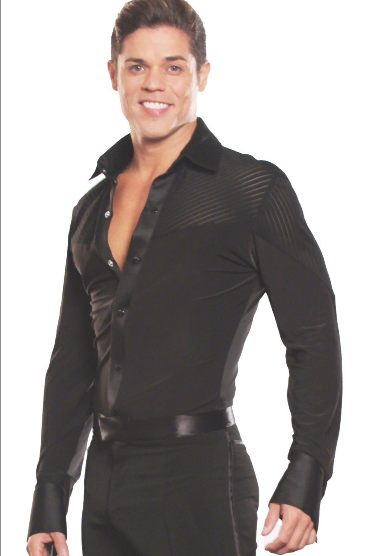 Men's black stripe inset ballroom dance shirt with trunks