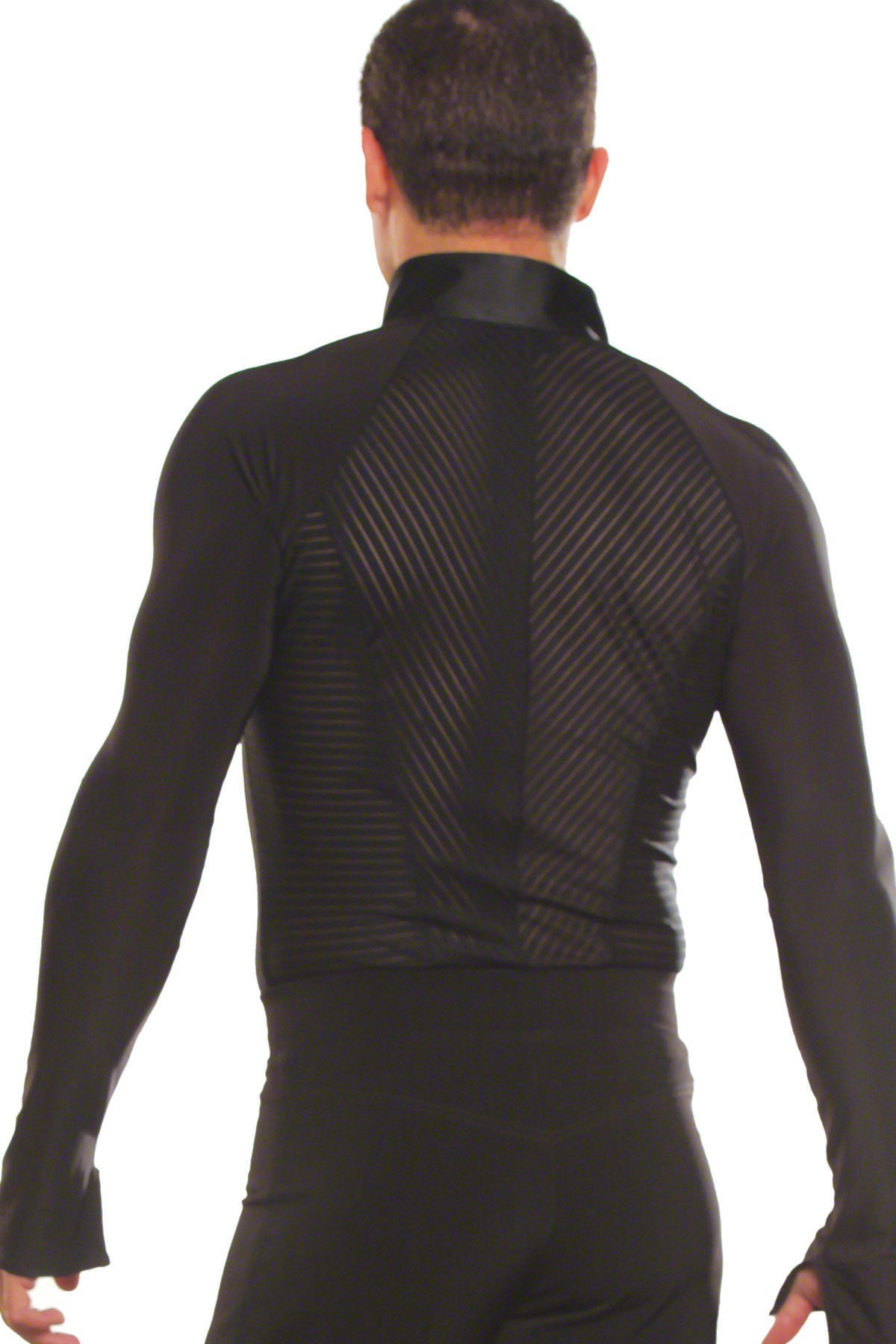 Back view of striped ballroom dance shirt for men