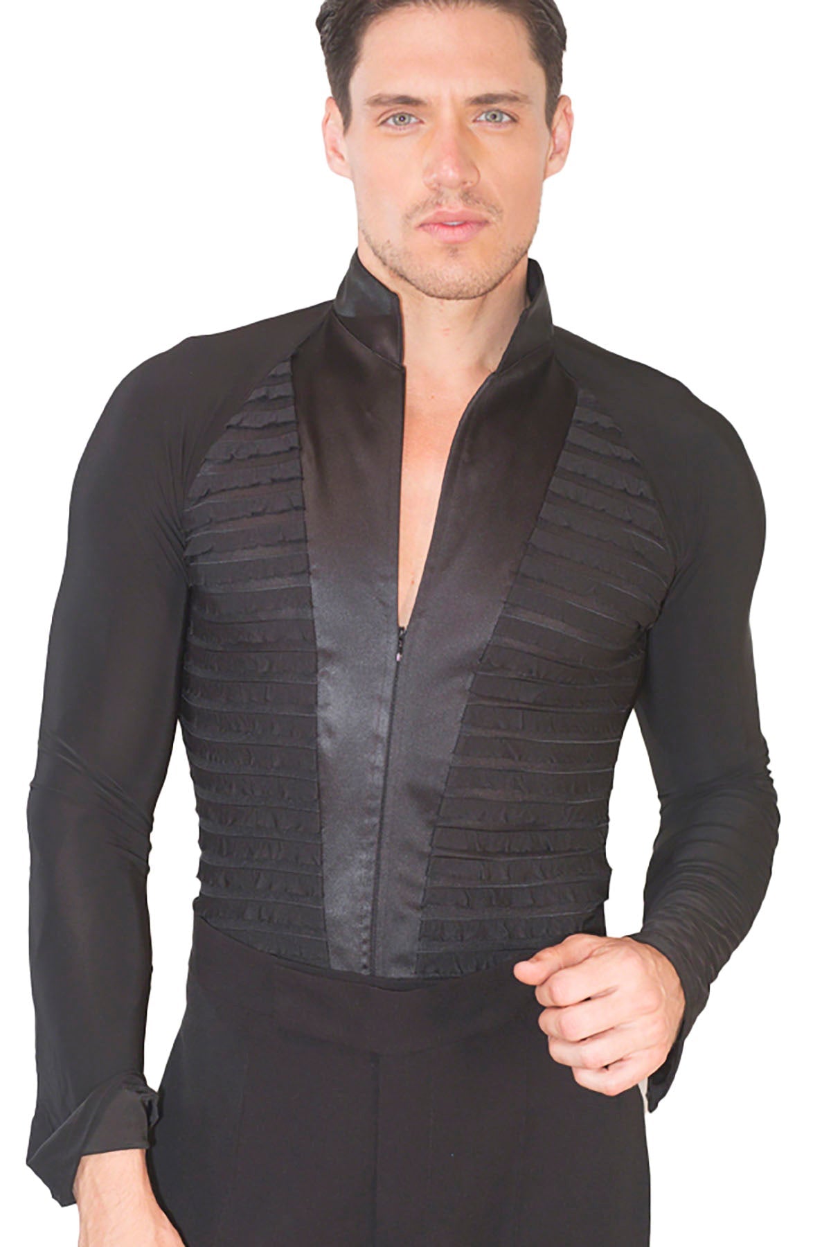 Men's black Latin shirt with front ruffle