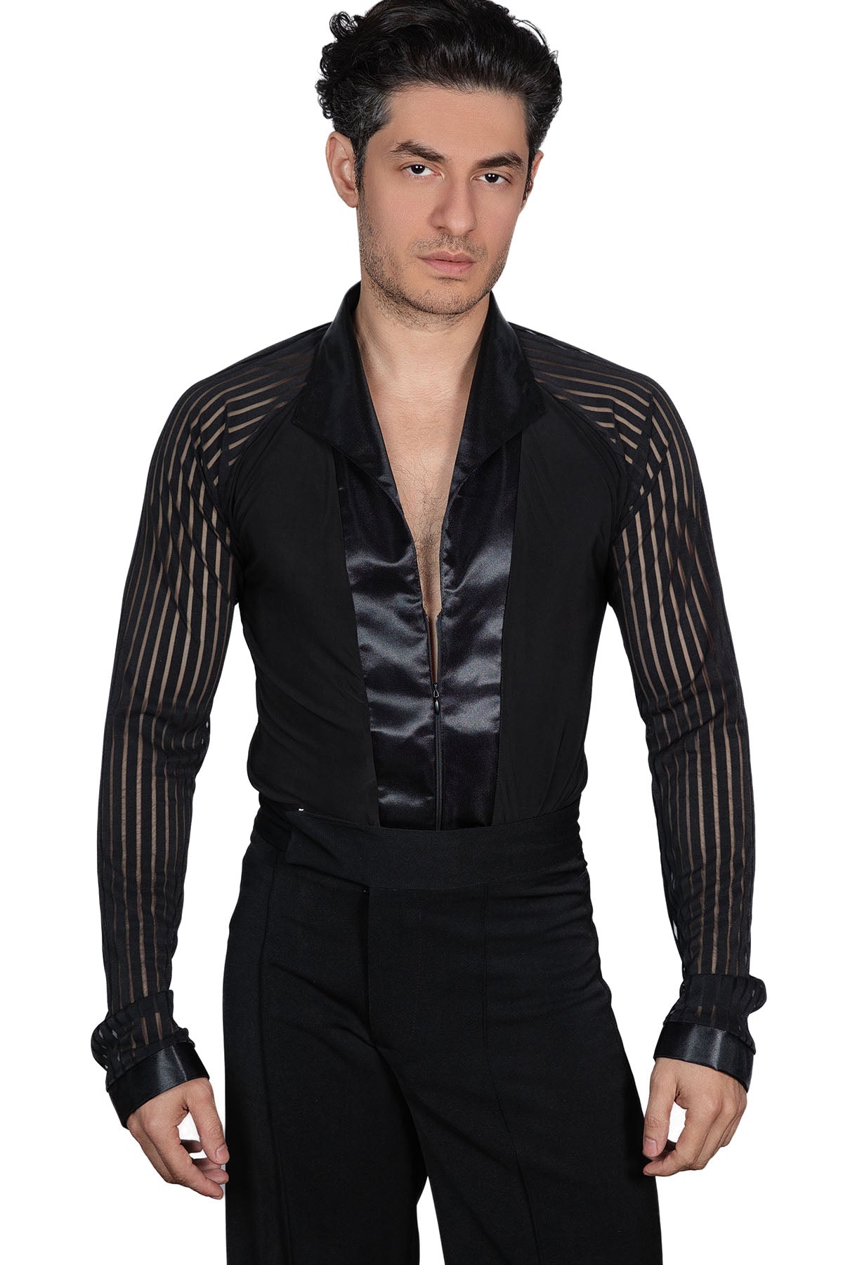 Men's long sleeve black Latin shirt with stripes