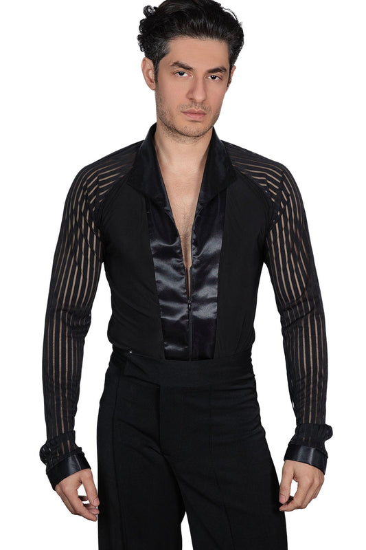 Dance America MS40 Men's Striped Sleeve Zipper Closure Latin Shirt with Soft Collar and Trunks