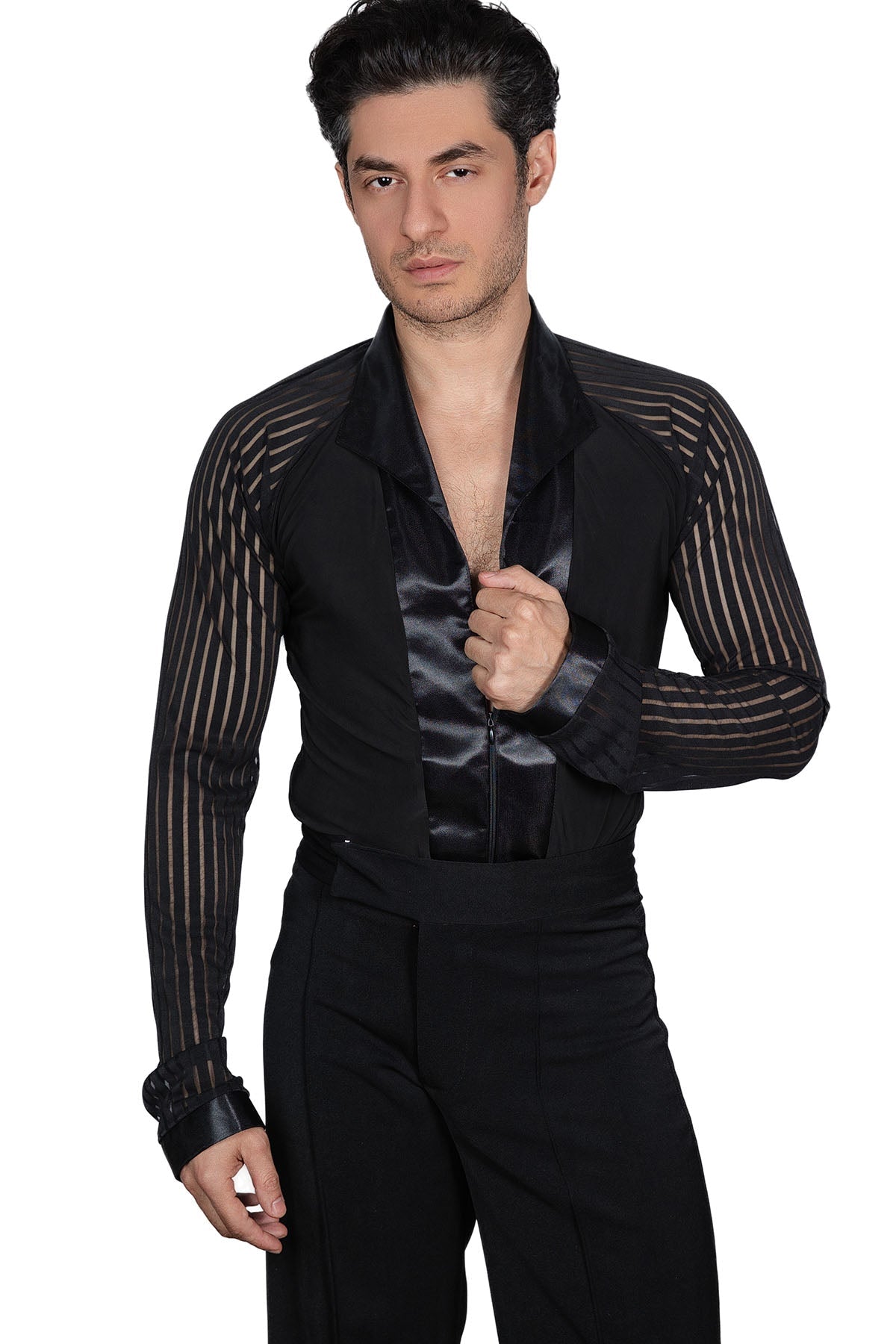 Mesh striped long sleeves on men's black Latin dance shirt