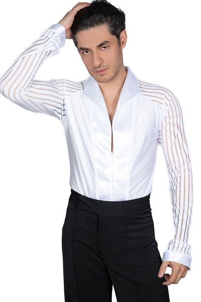 Men's white Latin shirt with mesh stripes on sleeves