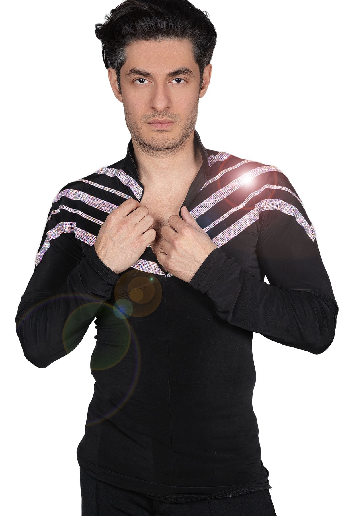 Rhinestone stripe detail on men's black Latin shirt