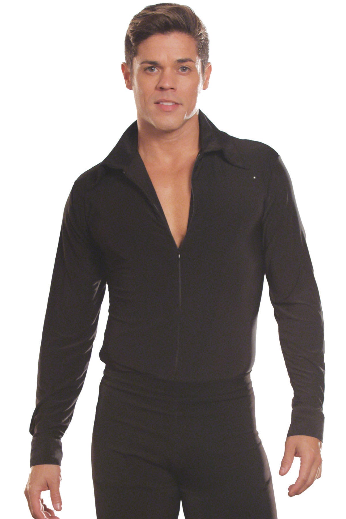 Zipper and long sleeves on men's black Latin or ballroom shirt