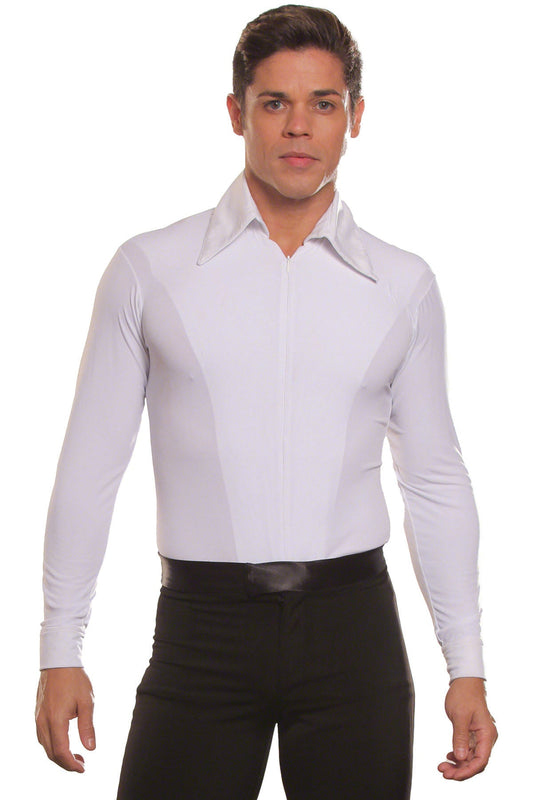 Men's white Latin or ballroom dance shirt with zipper and trunks