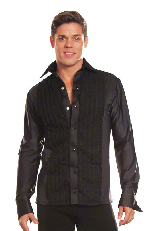 Men's black ballroom shirt with ruffled front