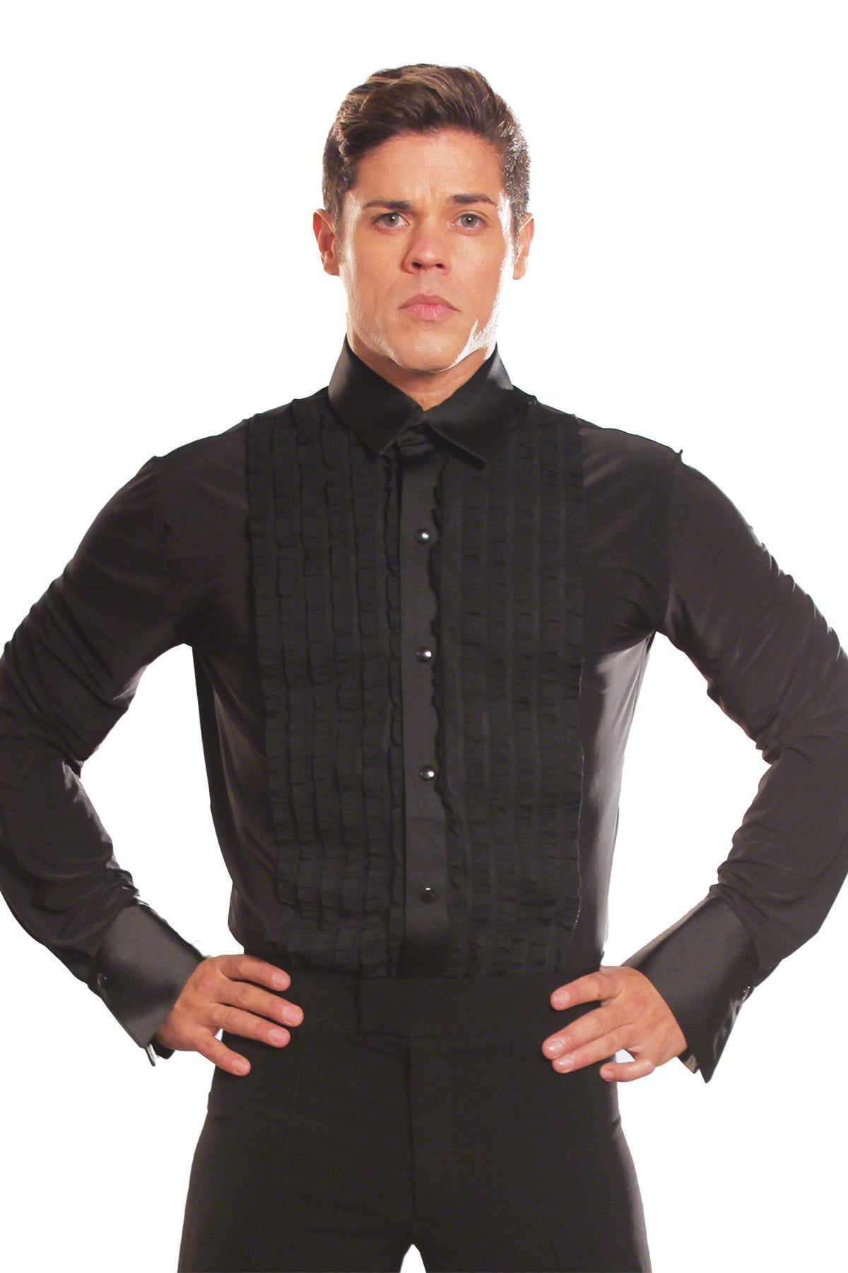 Men's black ruffled tuxedo shirt for ballroom dance