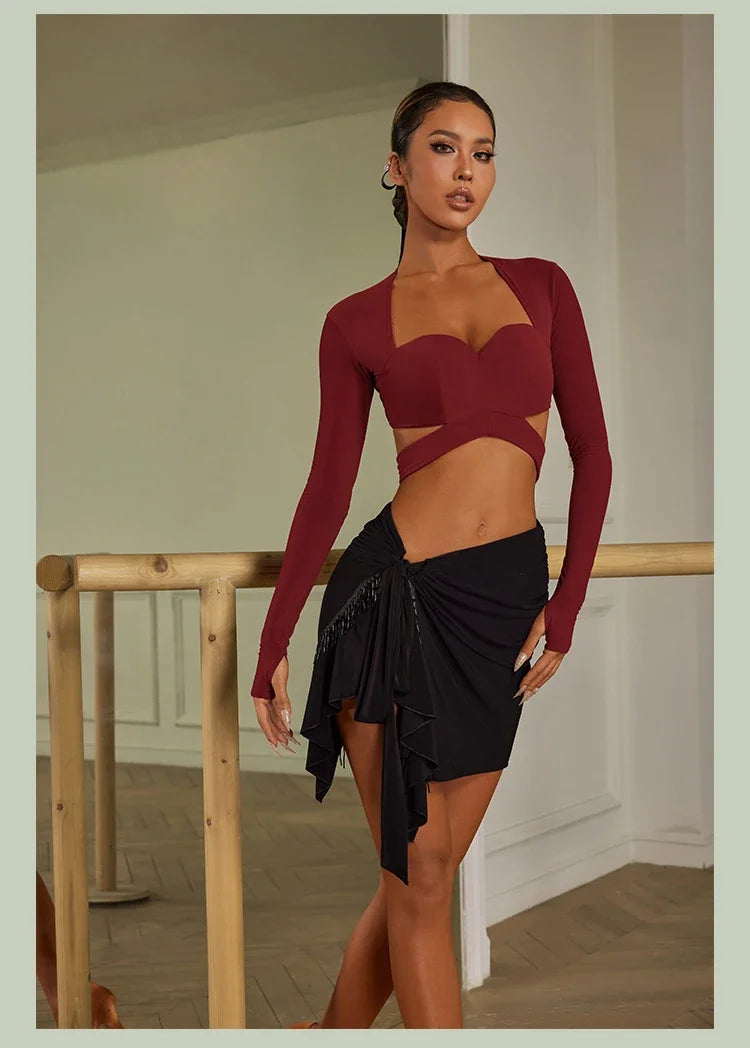 Zym Black or red long sleeve crop top for Latin Dancing 23102 Pra 1219