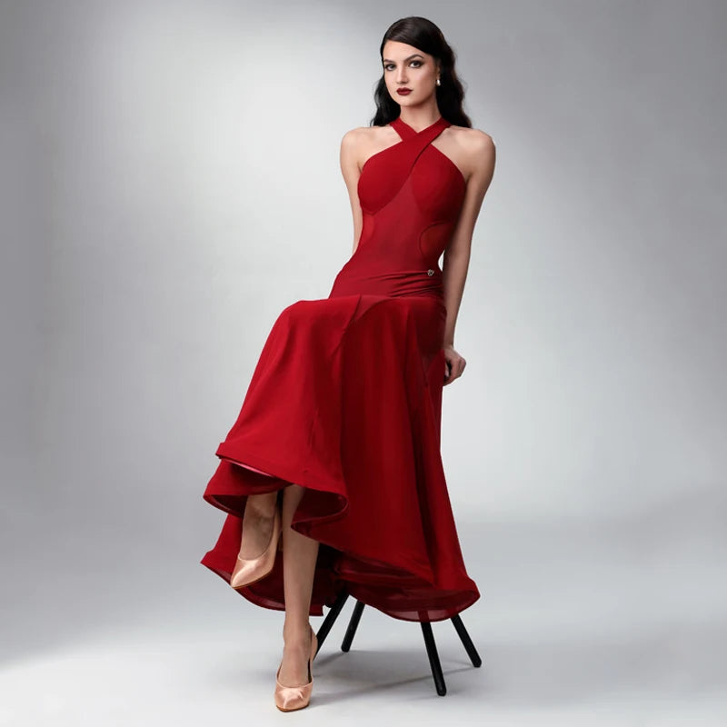 Red Criss Cross Halter Practice Dress with Full Skirt PRA 1127