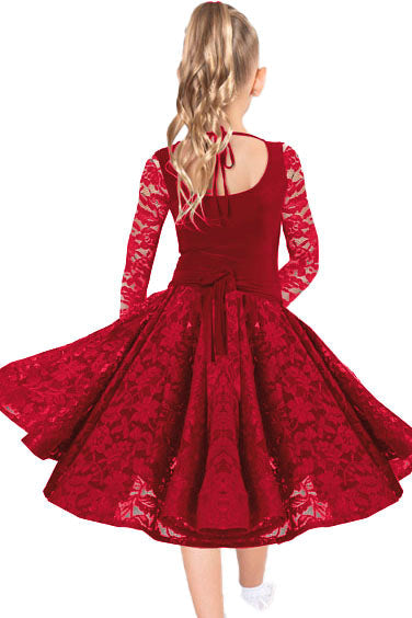 Red lace ballroom dance skirt for girls